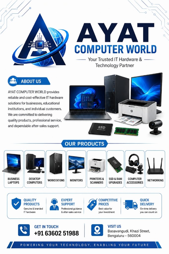 Laptops, desktops, monitors, printers and upgrades from AYAT Computer World